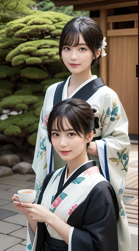 Masterpiece, Best Quality, illstration, Ultra-detailed, finely detail, hight resolution, 8K quality wallpapers, Perfect dynamic composition, Beautiful detailed eyes, Kimono, Well-formed kimono appearance, (Black shorthair), A slight smil, Looking at the ca...