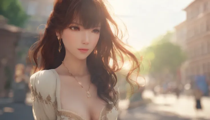 Top quality, 1girll, (The skin is hollow), (Large of breast), (day), Bright, Background blur, Outdoors, (street:0.6), (Hair:1.5), (blouse:1.5), Gorgeous, (Hair float:1.5), Soft light, Wind, sonoko, street