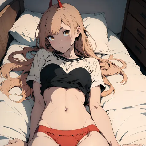 power_csm, medium shot, blonde hair, yellow eyes, red horns, blushing, beautiful girl, underwear, full body shot, long blonde hair, cleveage, crop-top, visible bellybutton, lying down on bed, perfect body, slender, thin, legs, sexy