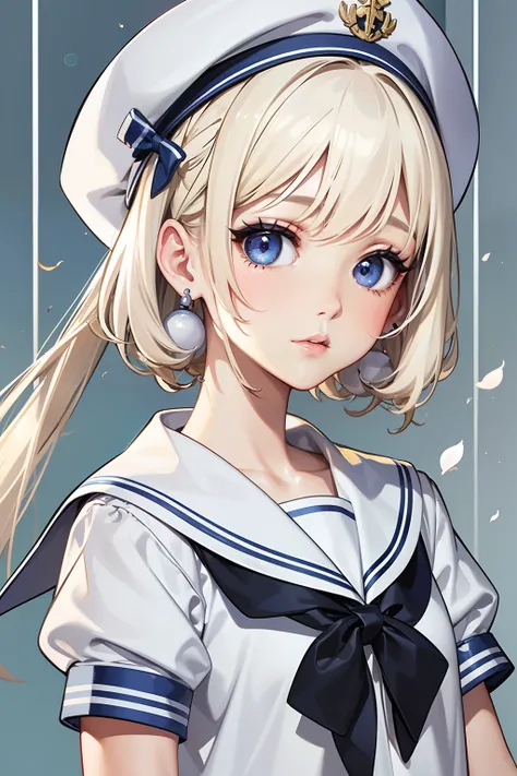 ​masterpiece、top-quality、hight resolution、High-quality images、8K.1 Female infant、colourfull、skin gloss、Texture of skin and clothing、the detail、Detailed eye expression、Lustrous hair、Platinum Blonde Hair、portlate、Little Girl、Sailor hat、White uniform、