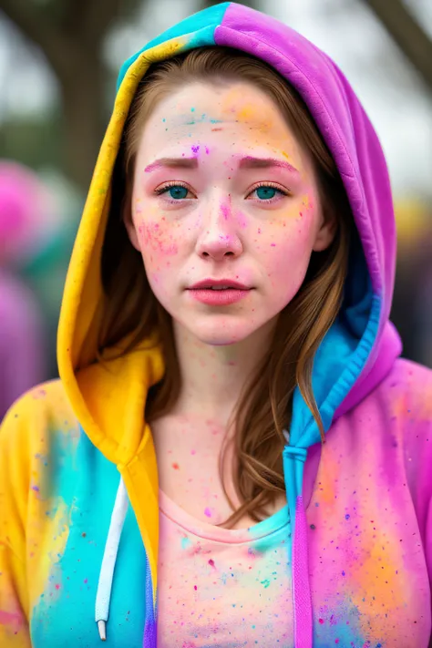 beautiful American college woman, wearing hoodie, looking at viewer, holi color festival, portrait, hyper detailed  POV, by lee jeffries, nikon d850, film stock photograph ,4 kodak portra 400 ,camera f1.6 lens ,rich colors ,hyper realistic ,lifelike textur...