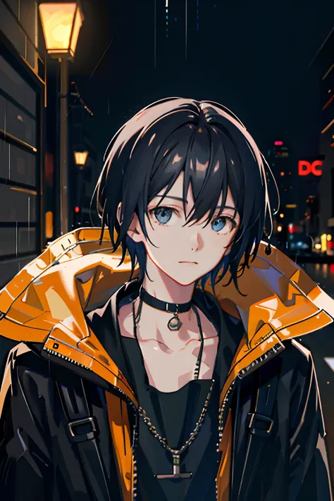 1boy, Jacket, Rain, plein air, Sweatshirt, Open jacket, chain, backpack, Looking At Other, hair messy, Trending in art stations, 8K resolution, Highly detailed, Anatomically correct, Sharp Image, Digital Painting, Concept art, Pixiv Trends, Shinkai Makoto ...