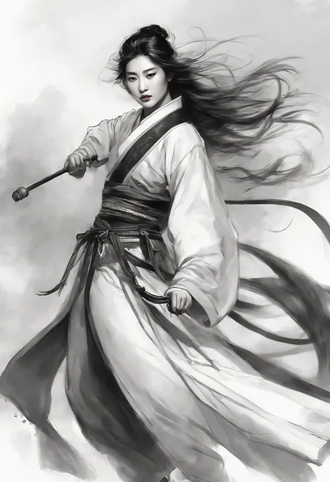 Depict ancient Chinese beauty ,yang yu huan ,with thin black lines, striking a dynamic battle pose with his entire body. The drawing should convey a sense of movement and action, with a detailed and lively feel. The style should resemble a quick sketch or ...