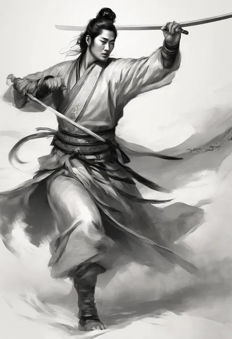 Depict ancient Chinese beauty ,yang yu huan ,with thin black lines, striking a dynamic battle pose with his entire body. The drawing should convey a sense of movement and action, with a detailed and lively feel. The style should resemble a quick sketch or ...