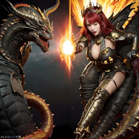 (The Ultimate Beauty Face), Professional , ​masterpiece、top-quality、photos realistic , depth of fields （Gemstone Black Metal Body:1.4),(Matte Gold、（cleavage of the breast）、Dragon Gold Weapon,Mystical expression、Particles of light、((((Fight dragons)))、（Drag...