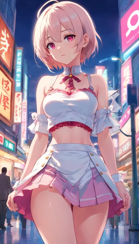 Beautiful white skin anime girl with pink miniskirt,White garters garters,white bustier，golden trim,Steampunk style clothes,full bodyesbian,with short white hair,Red outline, greene eyes,Pink lenses,Rococo style,NFFSW,NFFSW,8K,Futuristic retro city at nigh...