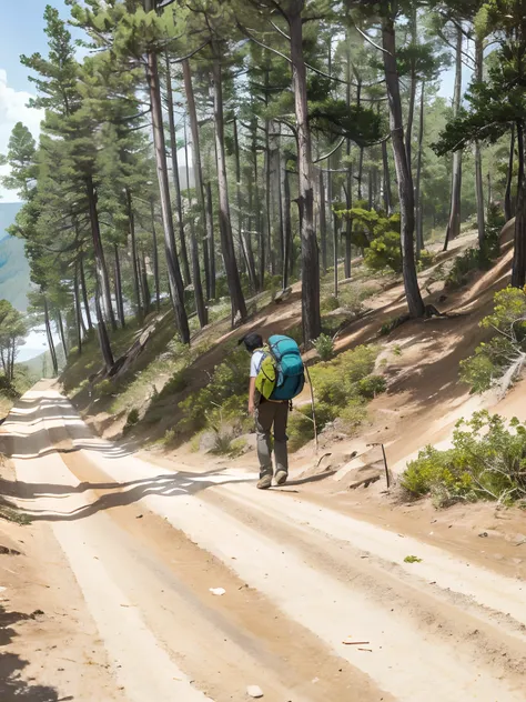 there is a man walking on a dirt road with a backpack, trekking in a forest, with matsu pine trees, walking in forest, hiking cane, time to climb the mountain path, pine forests, walking upright in a forest, walking around in forest, ancient forest like fa...