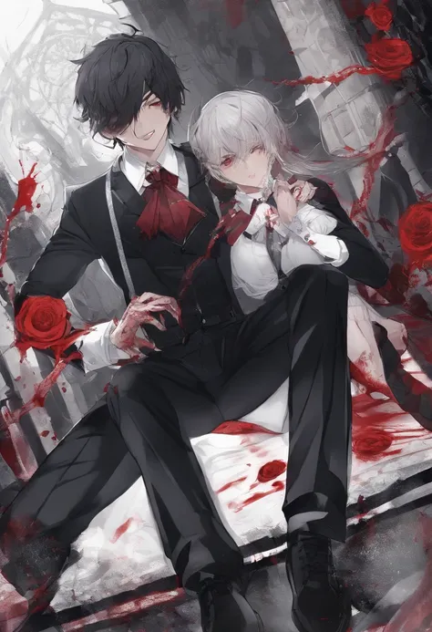 (masterpiece, best quality:1.2), solo, male focus, 1boy, chainsaw man, chainsaw, sharp teeth, open mouth, tongue, white collared shirt, (blood_on_clothes:1.2), black necktie, black pants