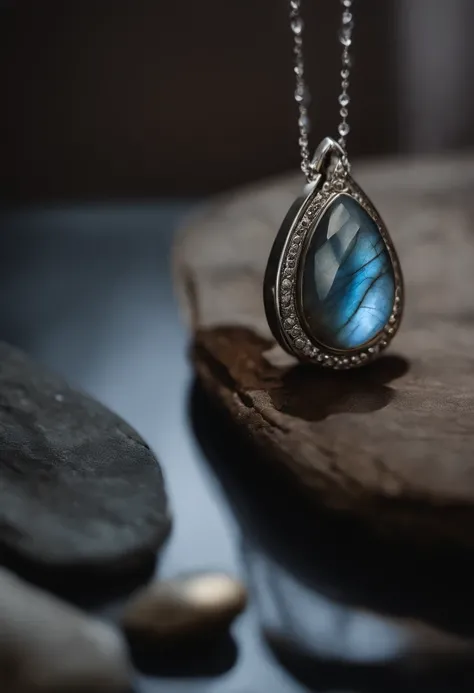 Teardrop-shaped necklace made of natural labradorite,(Gem Necklace),on the desktop,4k高清,(Real Photographics),Masterpiece, Best quality,