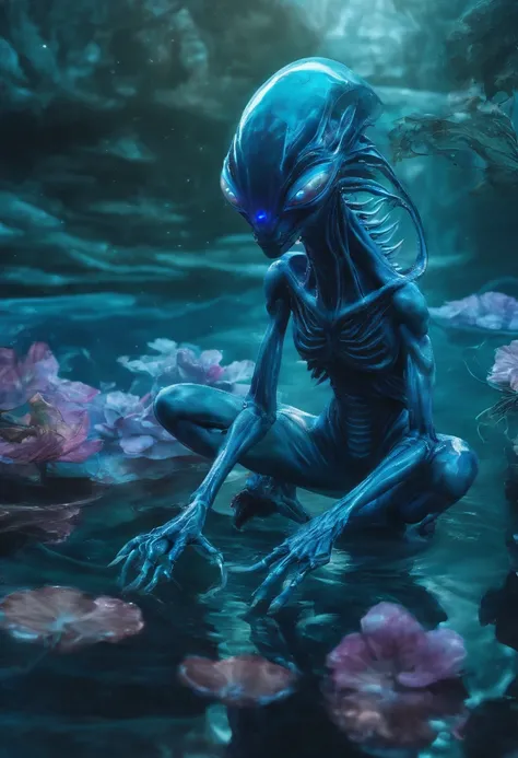 Walk, Hands and feet, Big eyes, water sprites，semi transparent，adolable, (((Humanoid translucent alien creature))), Light, Blue light,, Ocean, Plants in the water,Rich in color，Lighting effects