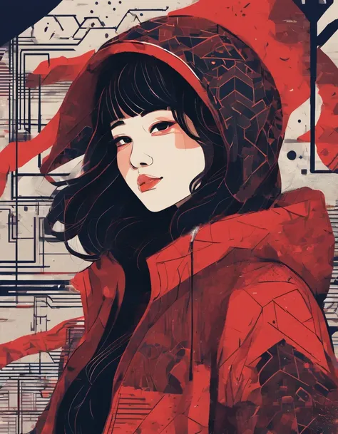 close up photograph, Confident young woman，Asian people，Black color hair，with brown eye，Wear a hoodie with a red dragon pattern, On the streets soaked with rain at night