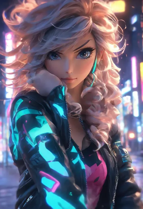 Anime - Stylistic image of a woman in a dress and a leather jacket, Use headphones, photorealistic anime girl rendering, CG art soft anime, Realistic 3D anime style, anime big breast. Soft lighting, Realistic anime art, digital anime art, detailed digital ...