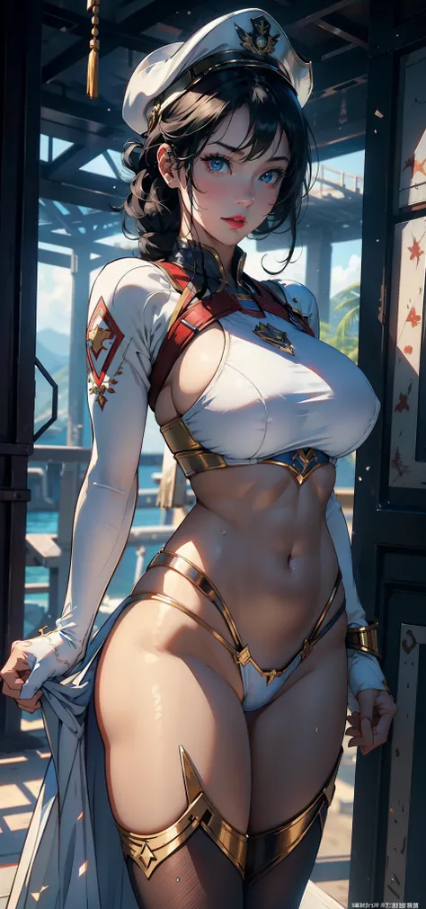 1female，43 yeas old，熟妇，extremely large bosom， 独奏，（Background with：the sea，battleships，warships，summertime，the rainforest） She has very short black hair，bobo head，Stand on a warship，，seen from the front， hair straight， mostly cloudy sky，（（（tmasterpiece），（Ve...