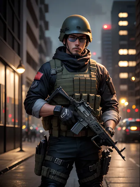 1man, male focus, foreign mercenary, m4a1, danger atmosphere, holding weapon, city backdrop, masterpiece, best quality, depth of field