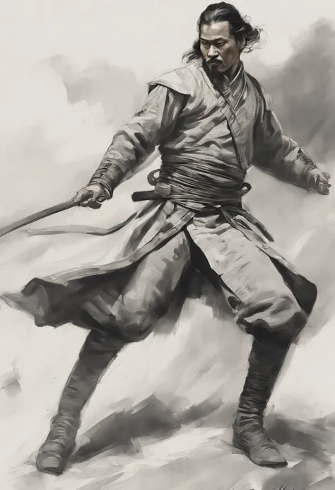 Depicting Chinese martial arts ,There are thin black lines, Strike a dynamic fighting pose with your entire body. Painting should convey a sense of movement and movement, It has a meticulous and lively feeling. The style should resemble a quick sketch or l...