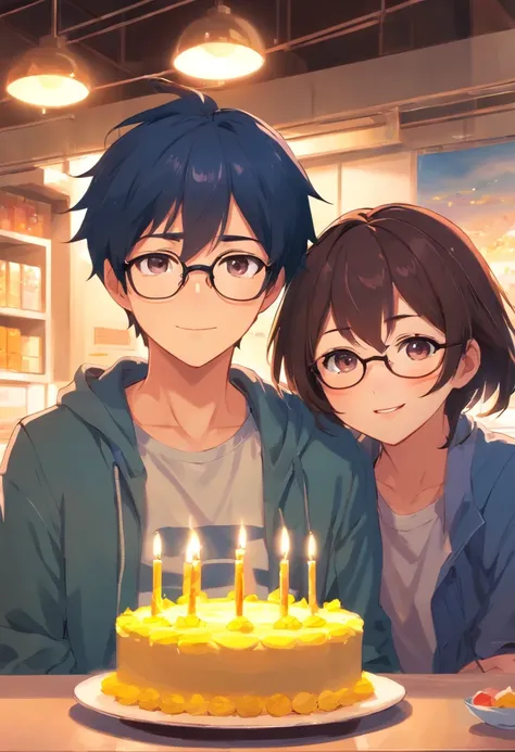 Self-shot，a couple，Upper body photo，Girl with glasses，cake in hand，Makoto Shinkai Anime，Boys dont wear glasses，