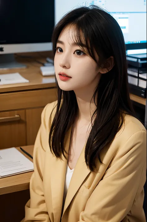 High-res, Realistic portrait of professional korean office lady with perfect skin，Professional suits，Womens suits，stand posture，The upper part of the body，Women in the workplace，Show confidence and maturity, Surrounded by a modern corporate environment, Vi...