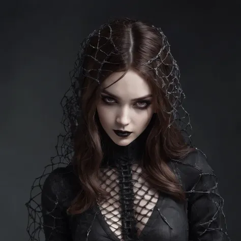 girl with gothic net symbolic clothes,detailed barbed wire on the body,brunette hair with gray ends,best quality,ultra-detailed,realistic,photorealistic:1.37,professional,horror, dark color tones,studio lighting