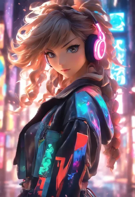 Anime - Stylistic image of a woman in a dress and a leather jacket, Use headphones, photorealistic anime girl rendering, CG art soft anime, Realistic 3D anime style, anime big breast. Soft lighting, Realistic anime art, Digital anime art, Detailed digital ...