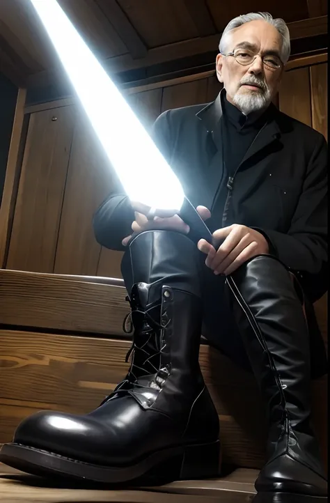 with a goatee，Old gentleman in black riding boots，Show off his boots，The light source is in the upper left corner。