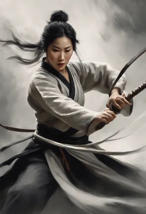 Depicting Chinese martial arts ,There are thin black lines, Strike a dynamic fighting pose with your entire body. Painting should convey a sense of movement and movement, It has a meticulous and lively feeling. The style should resemble a quick sketch or l...