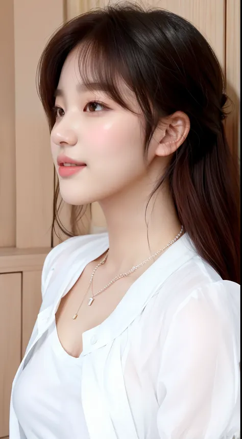 a close up of a woman wearing a white shirt and a necklace, bae suzy, jinyoung shin, jia, portrait jisoo blackpink, cute korean actress, hwang se - on, park ji-min, song hye - kyo, lee ji-eun, lee ji - eun, inspired by Sim Sa-jeong, kim doyoung, inspired b...