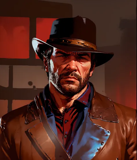 r3dd34dstyle, digital portrait,  arthur morgan, sad, cowboy hat, brown jacket, blue shirt, red sky,