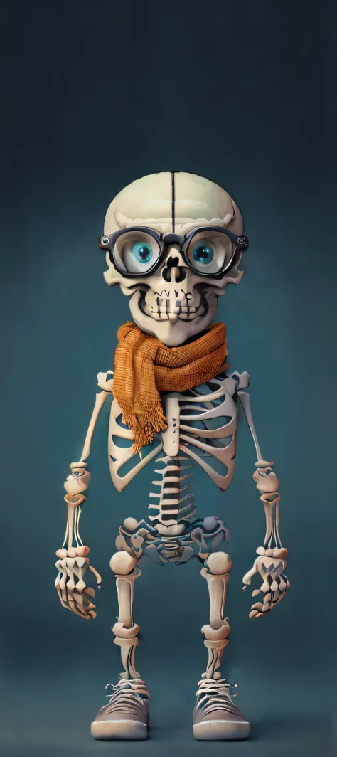 a skeleton with goggles and a scarf is standing in front of a blue background, cute skeleton, skeleton with eyes, skelleton, skeleton, ( ( ( skeleton ) ) ), thin skeleton, robot skeleton, portrait of a hipster skeletor, textured detailed skeleton, highly d...