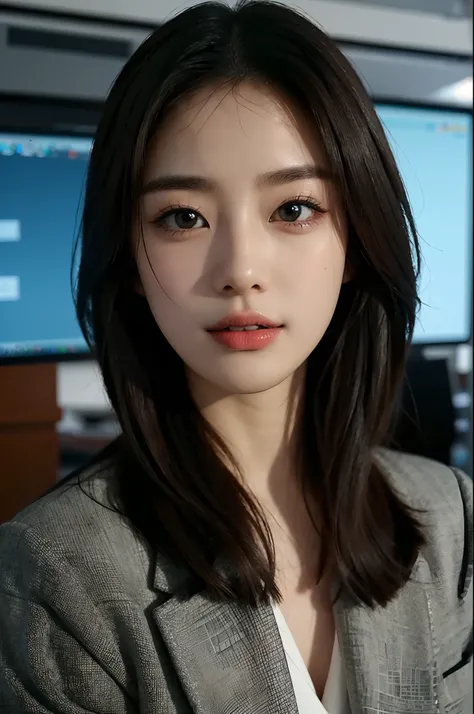 High-res, Realistic portrait of professional korean office lady with perfect skin，Professional suits，Womens suits，stand posture，The upper part of the body，Women in the workplace，Show confidence and maturity, Surrounded by a modern corporate environment, Vi...