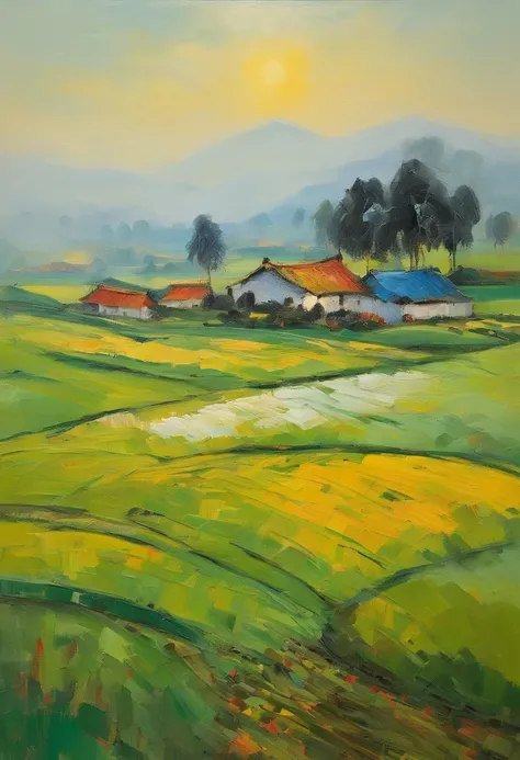 Fu Baoshi，Chen Jialing，Oil painting by Wu Guanzhong，Lin Fengmian，Rural rice fields，Simple，Large meadows