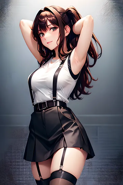 Black skirt, 　suspenders, Brown hair Gray eyes, Garter belt on the legs, Tight clothes, 　　 a belt　Armpit sweat　　Dark look　Moderately breasts　holster　chain　　poneyTail