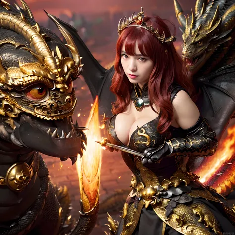 (The Ultimate Beauty Face), Professional , ​masterpiece、top-quality、photos realistic , depth of fields （Gemstone Black Metal Body:1.4),(Matte Gold、（cleavage of the breast）、Dragon Gold Weapon,Mystical expression、Particles of light、((((Fight dragons)))、（Drag...