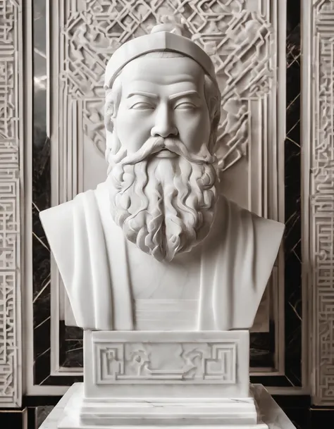 Bust of the wise man in white marble statue，It has the style of the Chinese philosopher Confucius in the museum，High contrast between light and shadow, professional photoshooting, Light volume, cinematic ligh