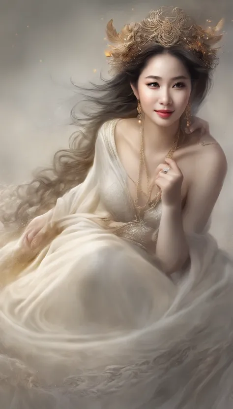 Beautiful Asian goddess，adorable round face，Delicate and elastic skin，Speak with big shining eyes，Two twisted braids，Silky black hair，Stay in the sea，No shoulder strap，One shoulder，white dresses，Lightweight, Thorn material，cropped shoulders，Beautuful Women...