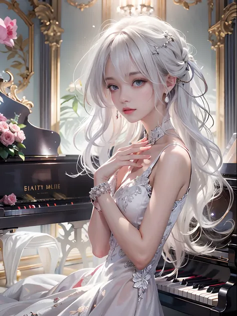 1girl, solo, long hair, piano, instrument, black eyes, dress, white dress, white hair, looking at viewer, light particles, closed mouth, indoors, jewelry, sleeveless, bare shoulders, bangs, from side, head rest on piano, head tilt,black rose, beautiful det...