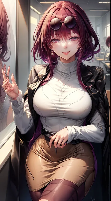 8k, highres, ultra detailed, (masterpiece:1.4), best quality, symmetrical body, (tight black roll-neck sweter:1.4), (beige pencil skirt with plaid pattern:1.4), (sunglasses:1.4), cute, solo, earrings, medium length hair, ponytails, (plum color hair:1.4), p...