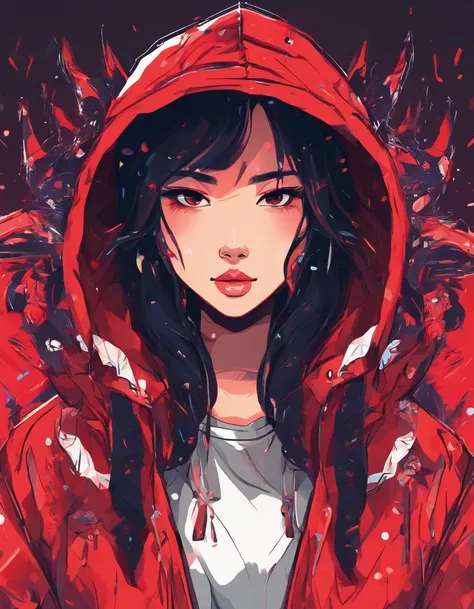 close up photograph, Confident young woman，Asian people，Black color hair，with brown eye，Wear a hoodie with a red dragon pattern, On the streets soaked with rain at night