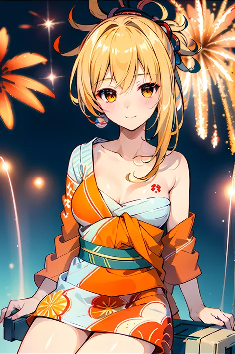 1 girl, cute, sitting, beaytiful sky, stars, octans, fireworks, blush, looking at the sky, cute face, 8k, ray tracing, masterpice, holding a firework, night, full of stars, fireworks everywere in the sky, orange kimono, cute face, smile