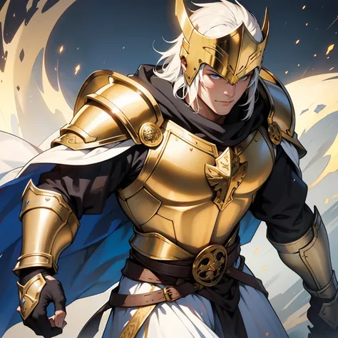 Berserker with white and golden armor. Medieval art. Golden Aura. With Medieval Helmet