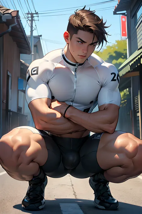 ((Best Quality, 8K, ultra-detailed, Masterpiece: 1.3)), 1boy, shiny skin, sharp, Perfect Body Beauty, realistic shaded perfect body, (cute baby face:1.1),("bike shots,big bulge ":1.2), (bulge focus:1.2) ,squatting