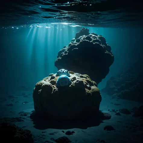 (extremadamente detallado, obra maestra, La mejor calidad, Under the Ocean), Estilo oscuro, volumetric illumination. textura de babosa, piel de caracol. ahogados flotando de fondo. Rococo composition.