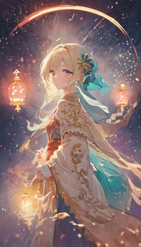 (best qualtiy，tmasterpiece), Beautiful teenage girl, Beautiful goddess, ((period costume, Hanfu, One shoulder)), Beautiful hair accessories, the night, starrysky, cold light, (in pink, cyan colors, white colors), ((from below)), ((full body)), ((realistic)...