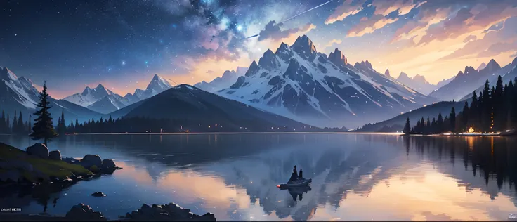 starry night sky with stars and mountains reflected in a lake, 4k highly detailed digital art, 8k stunning artwork, 4k detailed digital art, 8k high quality detailed art, dan mumford and albert bierstadt, epic fantasy sci fi illustration, anton fadeev and ...