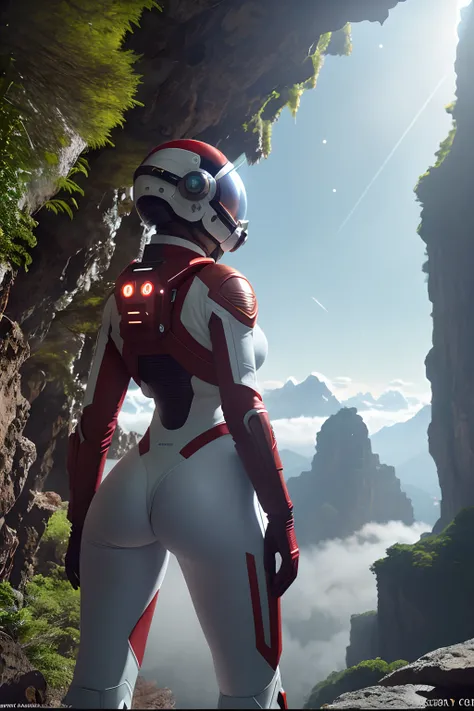 (35mmstyle:1.2), Highly detailed RAW color Photo, Rear Angle, Full Body, of (female space marine, wearing white and red space suit, futuristic helmet, tined face shield, rebreather, accentuated booty), outdoors, (standing on Precipice of tall rocky mountai...