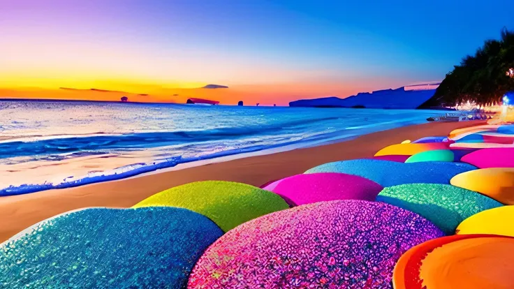 The beach is covered with hundreds of colorful pebbles with many transparent glows