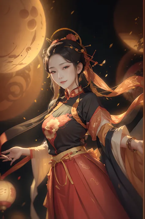 Mid-Autumn Festival，A bright moon hangs in the sky，An oriental woman，Wearing a cheongsam skirt，Now on top of high-rise buildings，outstanding，High-quality image quality，The face is clear，Look into the distance，ssmile，The upper part of the body，cabelos preto...