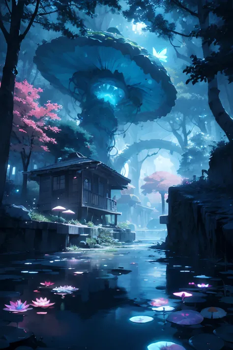 mystical magical neon beautiful forrest with lake and an opening circle of portal from other world , forest,tree, with rocks, river, with glowing alien type of mushrooms with eyeballs, foggy, massive tall skinny black man, butterflies, waterlilies, bridge,...