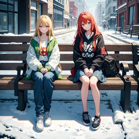 solo，A tall female college student，Big blonde waves，Hair length and shoulders，green pupills，Northeast big red cotton jacket，blue denim pants，black sneaker shoes，Carrying a black guitar backpack on his back，Heavy snowfall in winter，Sit on a street bench，Smi...