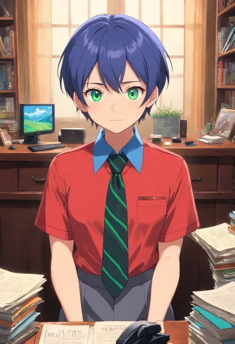 (red shirt, black necktie), Short Hair Hair, blue  hair, very detail, ((tmasterpiece)), green eyes