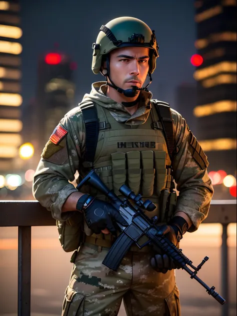 1man, male focus, foreign mercenary, m4a1, danger atmosphere, holding weapon, city backdrop, masterpiece, best quality, depth of field, camo uniform